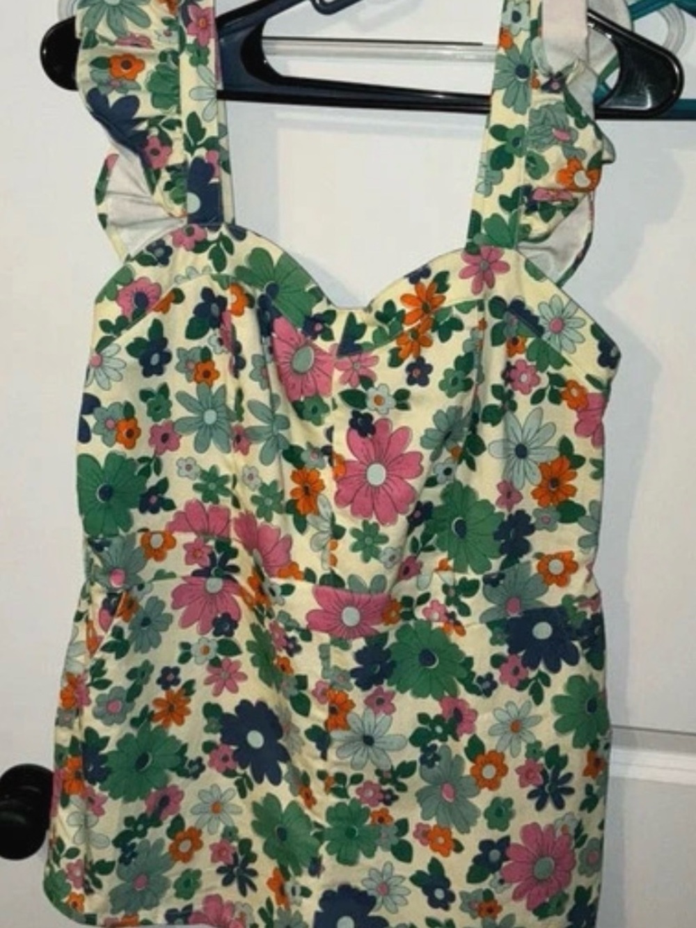 Womens Denim Floral Romper with Ruffle Straps - Pink & Green